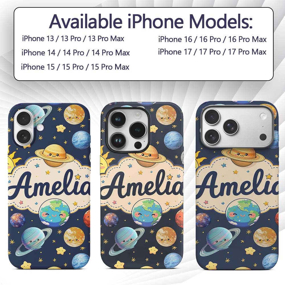 Solar System Sun Earth Planets Seamless Navy Custom Name Protective Phone Case Mobile Cover Durable Everyday Smartphone Shock Resistant
