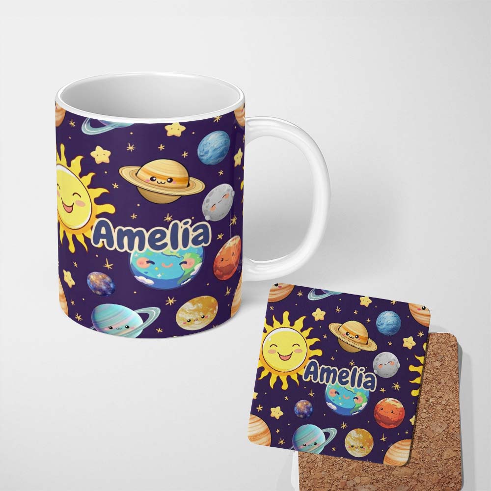 Personalized Custom Name Solar System Planets Smiling Sun Earth Saturn Seamless Purple 11oz Ceramic Coffee Tea Mug White Large Handle