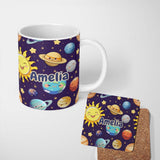 Personalized Custom Name Solar System Planets Smiling Sun Earth Saturn Seamless Purple 11oz Ceramic Coffee Tea Mug White Large Handle