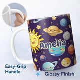 Personalized Custom Name Solar System Planets Smiling Sun Earth Saturn Seamless Purple 11oz Ceramic Coffee Tea Mug White Large Handle