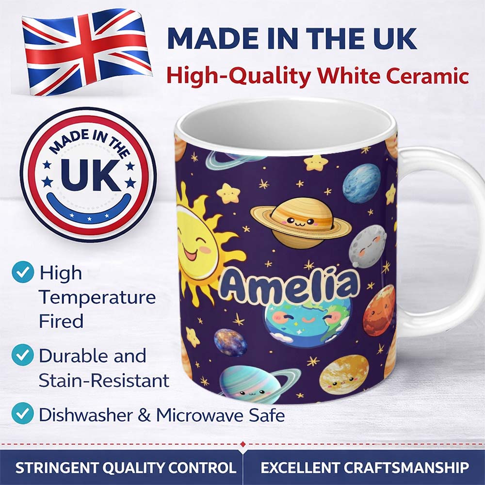 Personalized Custom Name Solar System Planets Smiling Sun Earth Saturn Seamless Purple 11oz Ceramic Coffee Tea Mug White Large Handle