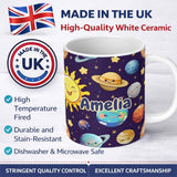 Personalized Custom Name Solar System Planets Smiling Sun Earth Saturn Seamless Purple 11oz Ceramic Coffee Tea Mug White Large Handle