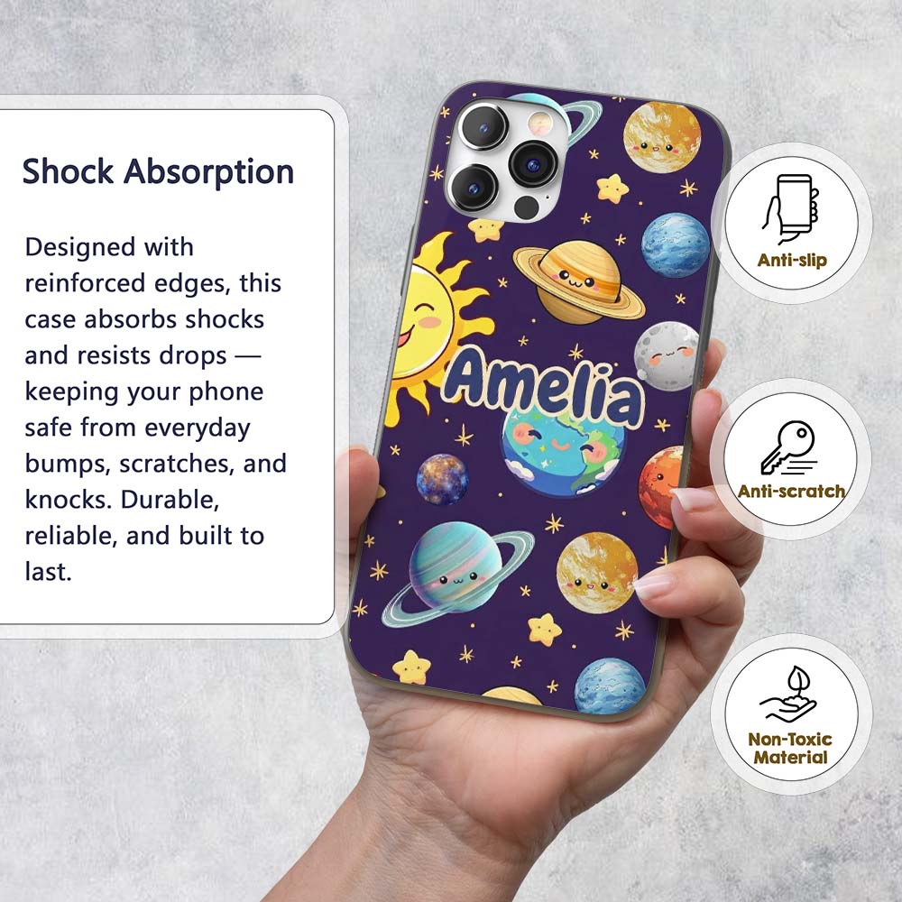 Solar System Planets Smiling Sun Earth Saturn Custom Name Protective Phone Case Mobile Cover Durable Everyday Smartphone Shock Resistant