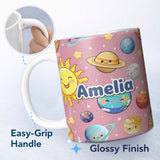 Personalized Custom Name Solar System Planets Smiling Sun Earth Saturn Seamless Pink 11oz Ceramic Coffee Tea Mug White Large Handle