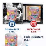 Personalized Custom Name Solar System Planets Smiling Sun Earth Saturn Seamless Pink 11oz Ceramic Coffee Tea Mug White Large Handle