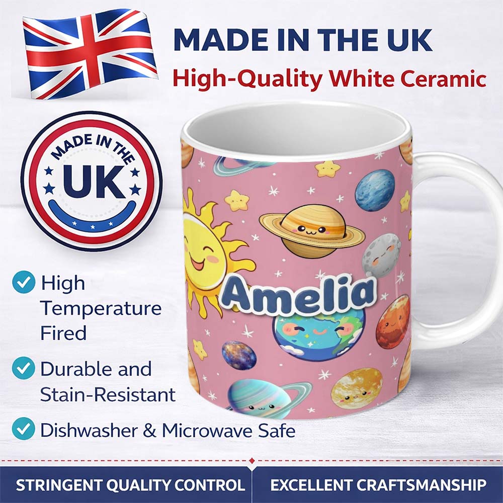 Personalized Custom Name Solar System Planets Smiling Sun Earth Saturn Seamless Pink 11oz Ceramic Coffee Tea Mug White Large Handle