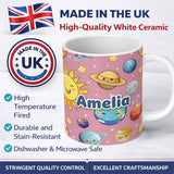 Personalized Custom Name Solar System Planets Smiling Sun Earth Saturn Seamless Pink 11oz Ceramic Coffee Tea Mug White Large Handle