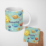 Personalized Custom Name Solar System Planets Smiling Sun Earth Saturn Seamless Mint 11oz Ceramic Coffee Tea Mug White Large Handle