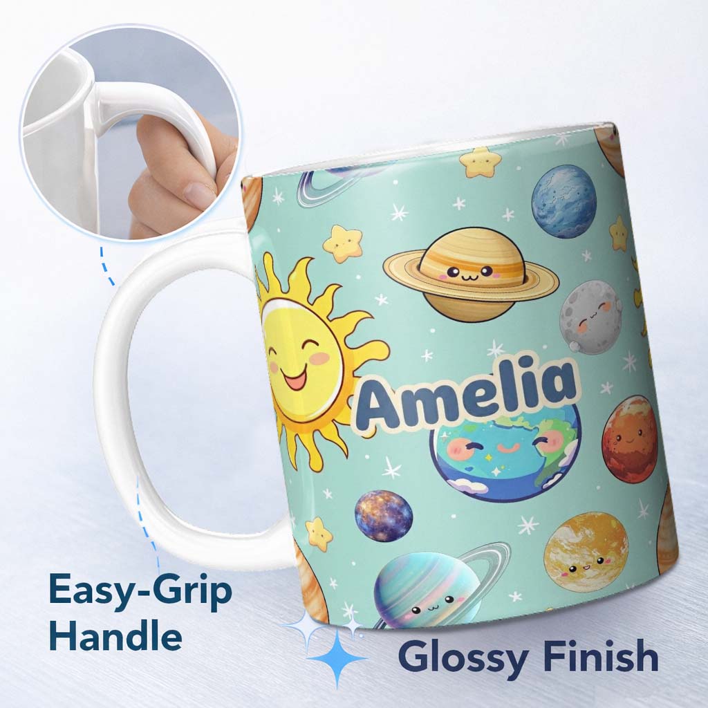 Personalized Custom Name Solar System Planets Smiling Sun Earth Saturn Seamless Mint 11oz Ceramic Coffee Tea Mug White Large Handle