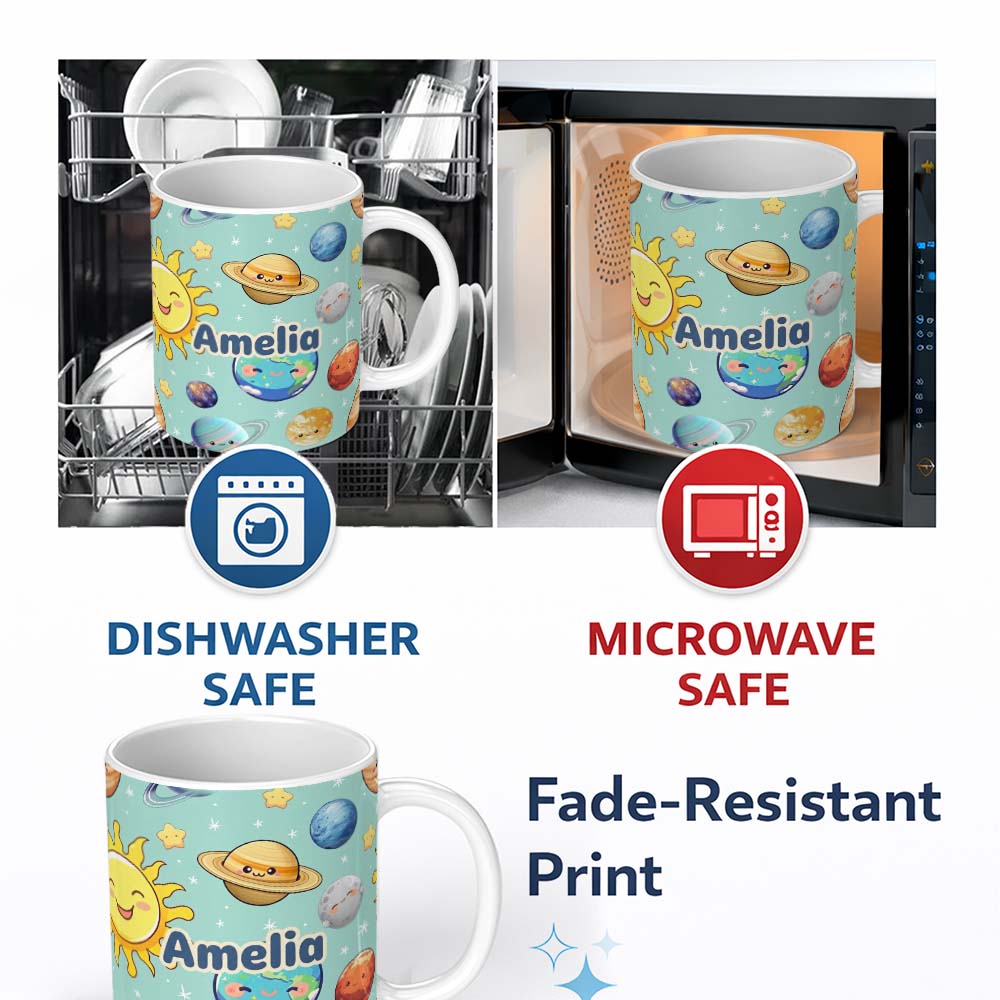 Personalized Custom Name Solar System Planets Smiling Sun Earth Saturn Seamless Mint 11oz Ceramic Coffee Tea Mug White Large Handle