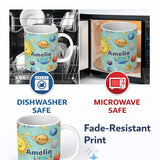Personalized Custom Name Solar System Planets Smiling Sun Earth Saturn Seamless Mint 11oz Ceramic Coffee Tea Mug White Large Handle