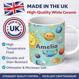 Personalized Custom Name Solar System Planets Smiling Sun Earth Saturn Seamless Mint 11oz Ceramic Coffee Tea Mug White Large Handle