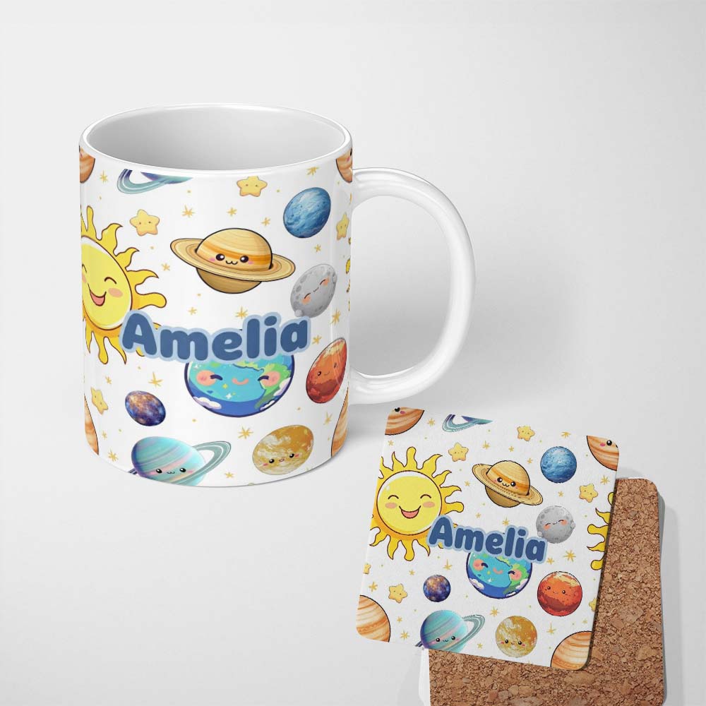 Personalized Custom Name Solar System Planets Smiling Sun Earth Saturn Seamless White 11oz Ceramic Coffee Tea Mug White Large Handle