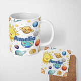 Personalized Custom Name Solar System Planets Smiling Sun Earth Saturn Seamless White 11oz Ceramic Coffee Tea Mug White Large Handle