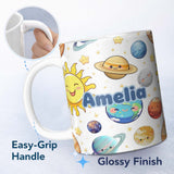 Personalized Custom Name Solar System Planets Smiling Sun Earth Saturn Seamless White 11oz Ceramic Coffee Tea Mug White Large Handle
