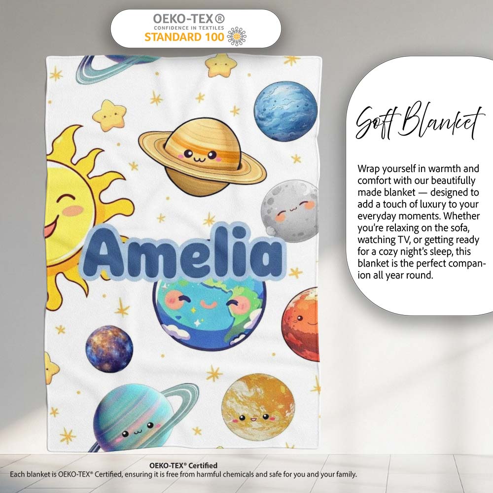 Solar System Planets Smiling Sun Earth Saturn Seamless White  Personalised Custom Name Super Soft Fleece Blanket Bed Sofa Throw
