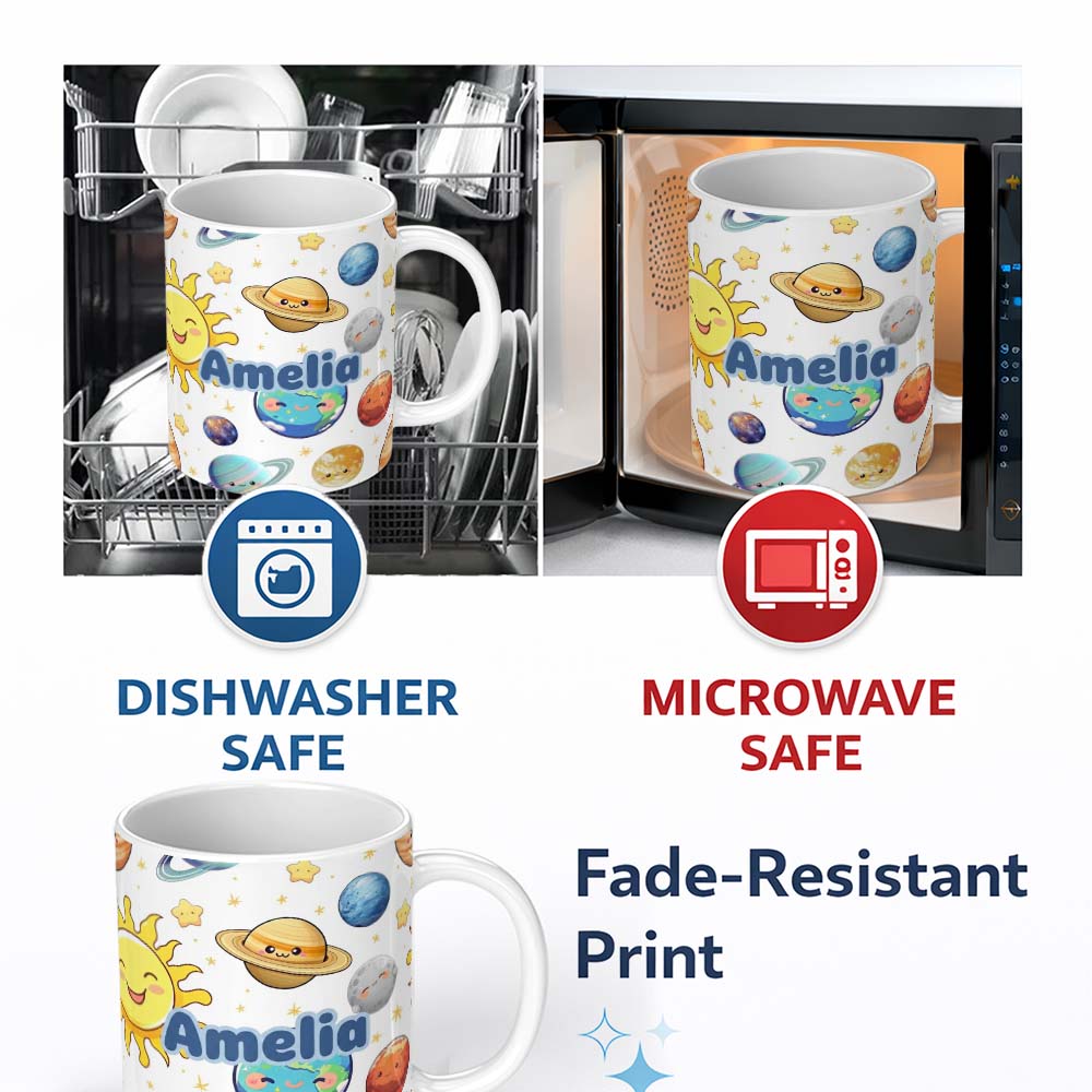 Personalized Custom Name Solar System Planets Smiling Sun Earth Saturn Seamless White 11oz Ceramic Coffee Tea Mug White Large Handle