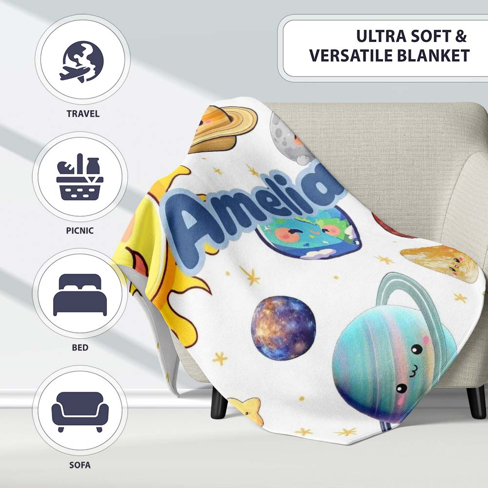 Solar System Planets Smiling Sun Earth Saturn Seamless White  Personalised Custom Name Super Soft Fleece Blanket Bed Sofa Throw