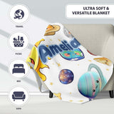 Solar System Planets Smiling Sun Earth Saturn Seamless White  Personalised Custom Name Super Soft Fleece Blanket Bed Sofa Throw