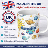 Personalized Custom Name Solar System Planets Smiling Sun Earth Saturn Seamless White 11oz Ceramic Coffee Tea Mug White Large Handle