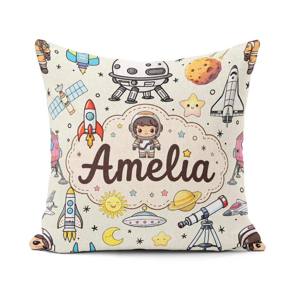 Custom Name Space Astronaut Rockets UFO Telescope Seamless Beige Square Filled Cushion Throw Pillow Sofa Bed Home Decor Zip Washable UK Made
