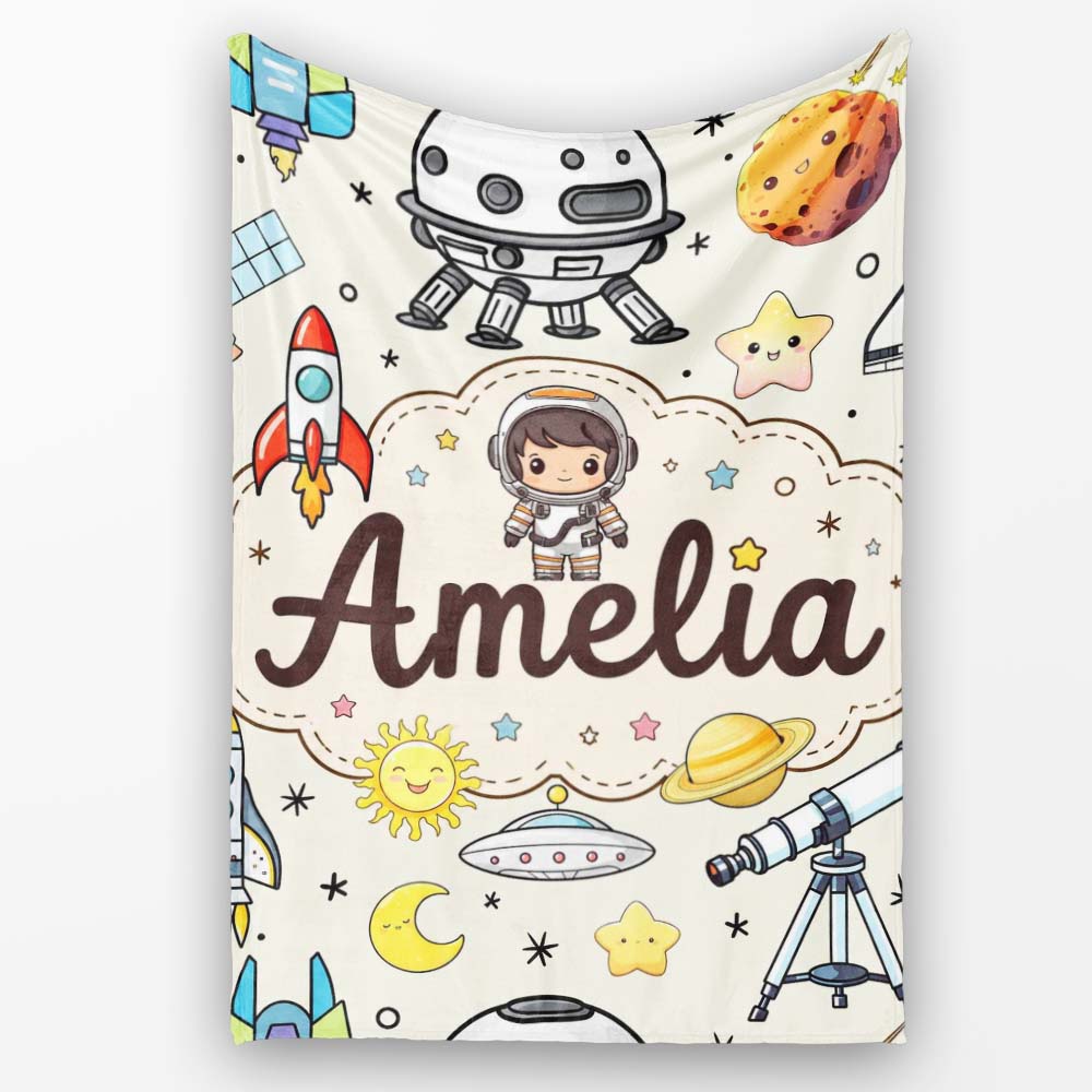 Space Astronaut Rockets UFO Telescope Seamless Beige Background  Personalised Custom Name Super Soft Fleece Blanket Bed Sofa Throw