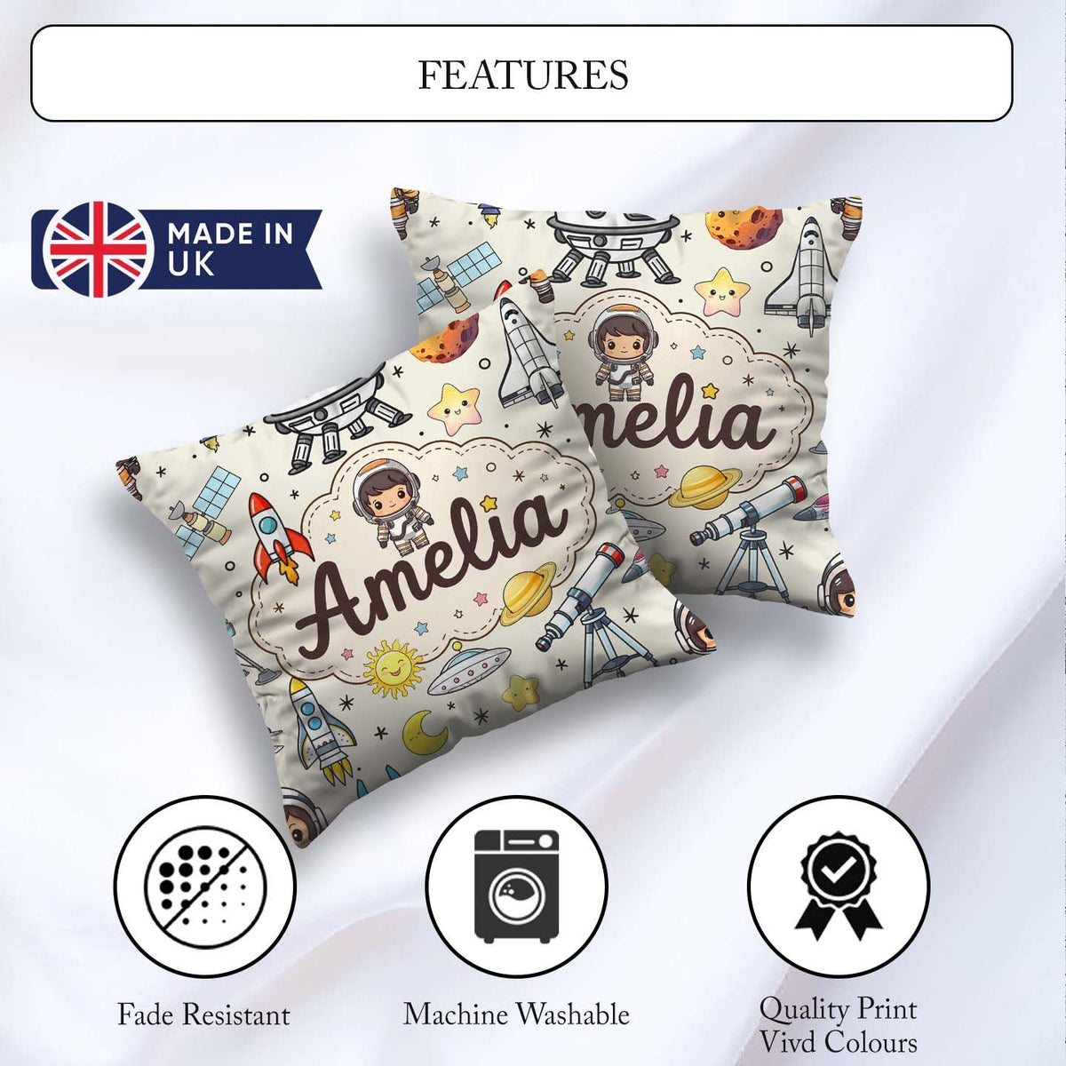 Custom Name Space Astronaut Rockets UFO Telescope Seamless Beige Square Filled Cushion Throw Pillow Sofa Bed Home Decor Zip Washable UK Made