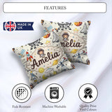 Custom Name Space Astronaut Rockets UFO Telescope Seamless Beige Square Filled Cushion Throw Pillow Sofa Bed Home Decor Zip Washable UK Made