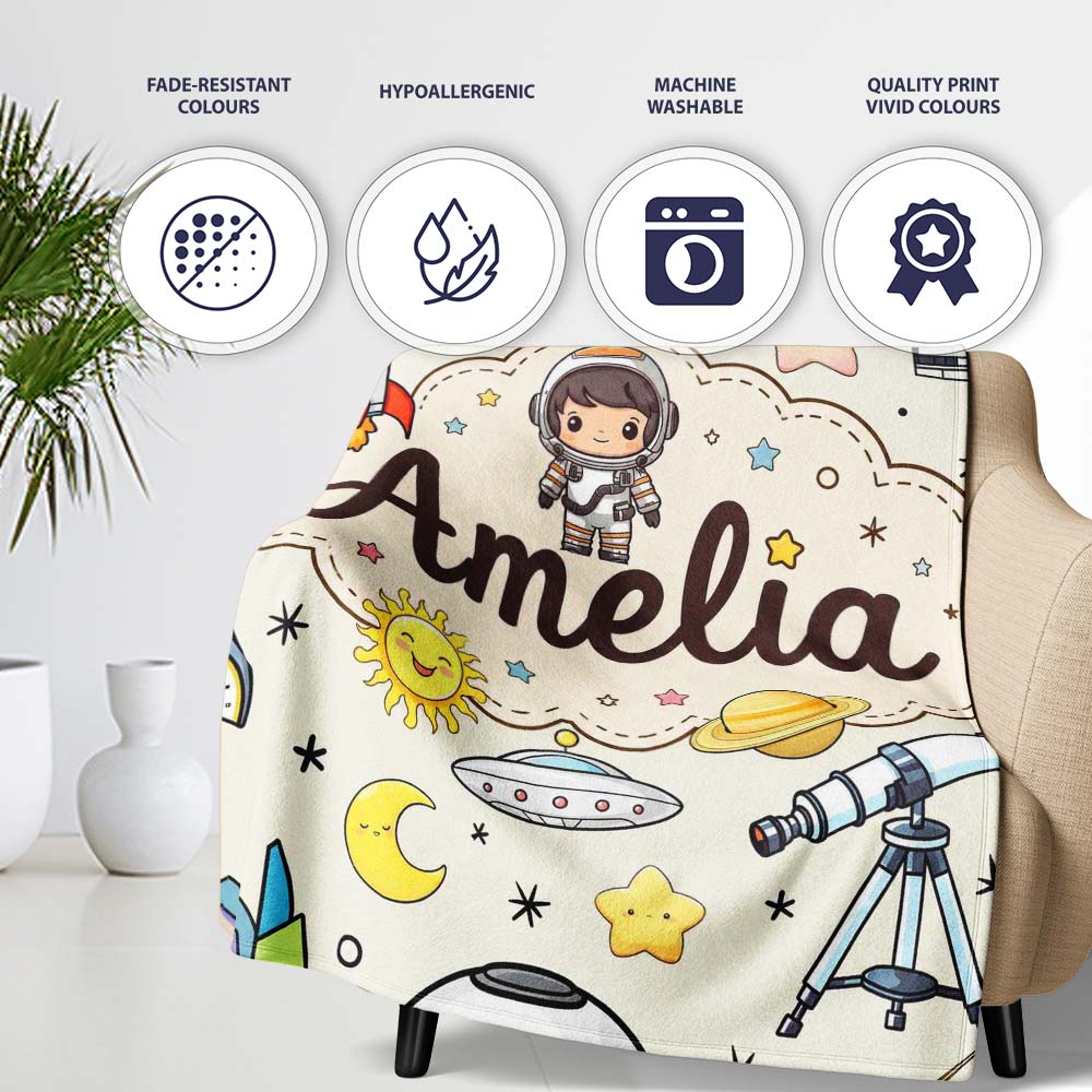 Space Astronaut Rockets UFO Telescope Seamless Beige Background  Personalised Custom Name Super Soft Fleece Blanket Bed Sofa Throw