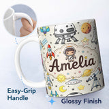 Personalized Custom Name Space Astronaut Rockets UFO Telescope Seamless Beige Background 11oz Ceramic Coffee Tea Mug White Large Handle