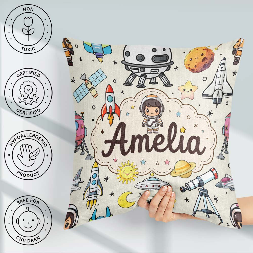 Custom Name Space Astronaut Rockets UFO Telescope Seamless Beige Square Filled Cushion Throw Pillow Sofa Bed Home Decor Zip Washable UK Made