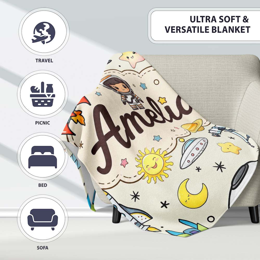 Space Astronaut Rockets UFO Telescope Seamless Beige Background  Personalised Custom Name Super Soft Fleece Blanket Bed Sofa Throw