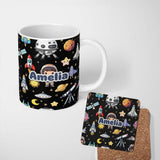Personalized Custom Name Space Astronaut Rockets UFO Telescope Seamless Black Background 11oz Ceramic Coffee Tea Mug White Large Handle