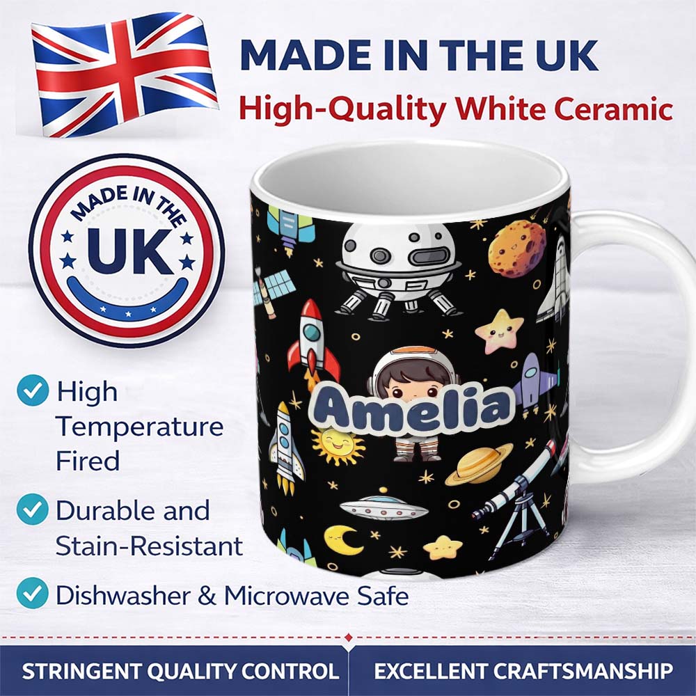 Personalized Custom Name Space Astronaut Rockets UFO Telescope Seamless Black Background 11oz Ceramic Coffee Tea Mug White Large Handle