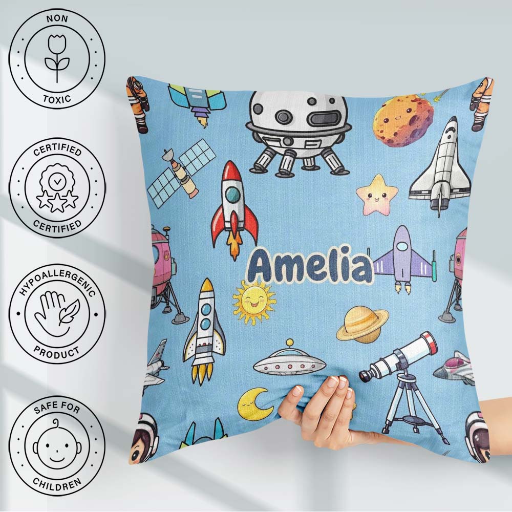 Custom Name Space Astronaut Rockets UFO Seamless Blue Background Square Filled Cushion Throw Pillow Sofa Bed Home Decor Zip Washable UK Made