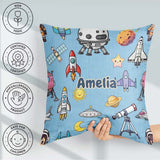 Custom Name Space Astronaut Rockets UFO Seamless Blue Background Square Filled Cushion Throw Pillow Sofa Bed Home Decor Zip Washable UK Made