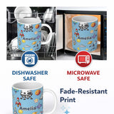 Personalized Custom Name Space Astronaut Rockets UFO Telescope Seamless Blue Background Name 11oz Ceramic Coffee Tea Mug White Large Handle