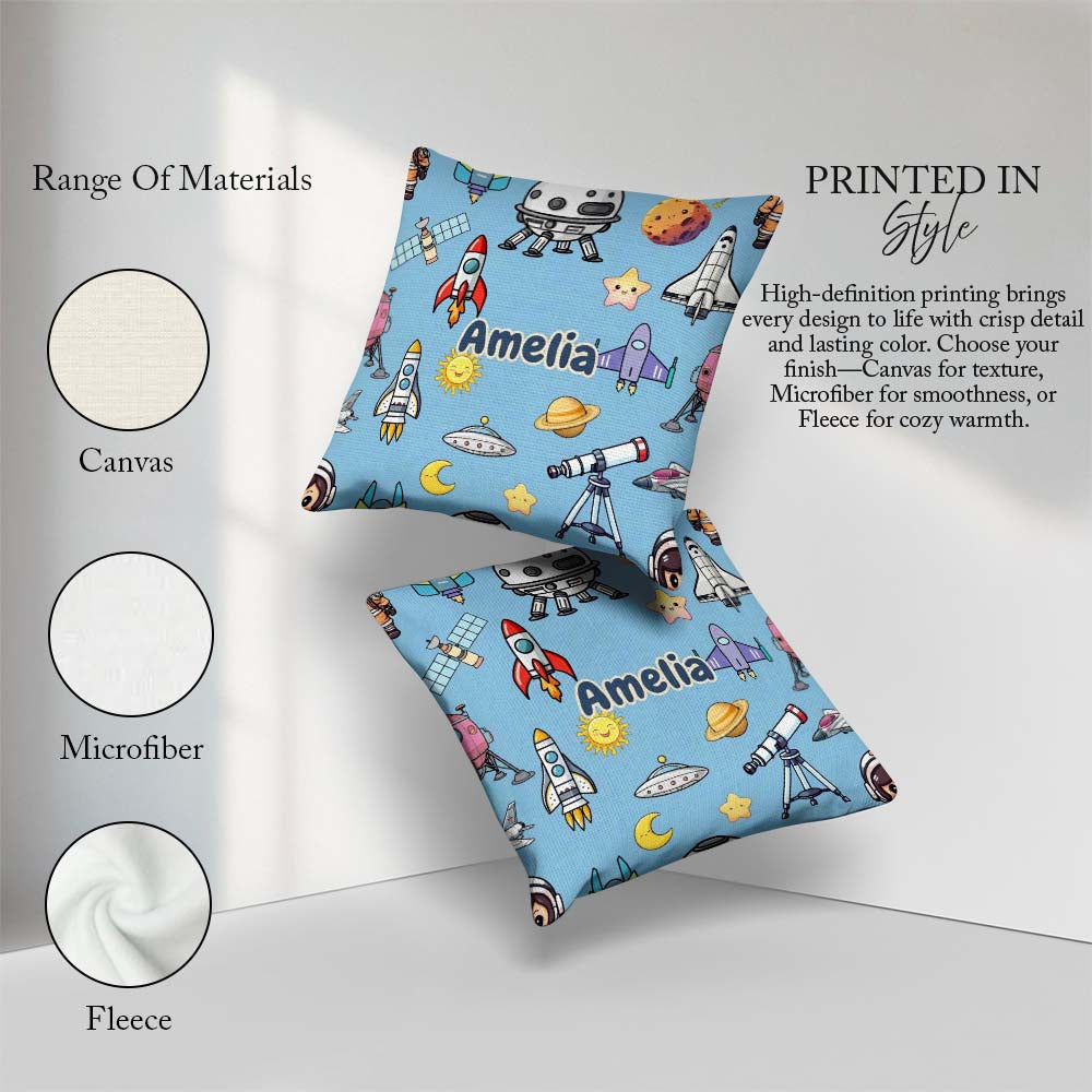 Custom Name Space Astronaut Rockets UFO Seamless Blue Background Square Filled Cushion Throw Pillow Sofa Bed Home Decor Zip Washable UK Made
