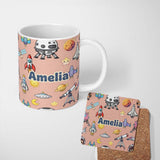 Personalized Custom Name Space Astronaut Rockets UFO Telescope Seamless Peach Background 11oz Ceramic Coffee Tea Mug White Large Handle