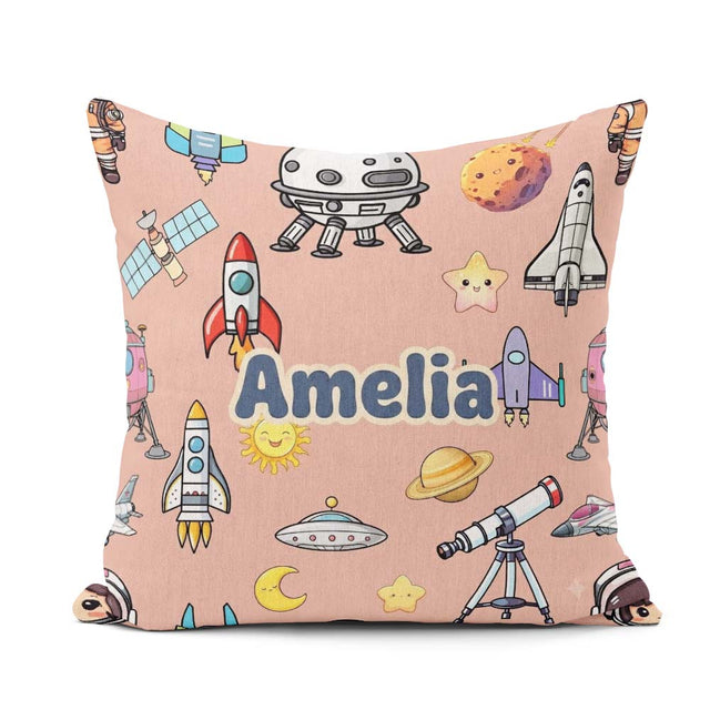 Custom Name Space Astronaut Rockets UFO Telescope Seamless Peach Square Filled Cushion Throw Pillow Sofa Bed Home Decor Zip Washable UK Made