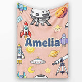 Space Astronaut Rockets UFO Telescope Seamless Peach Background  Personalised Custom Name Super Soft Fleece Blanket Bed Sofa Throw