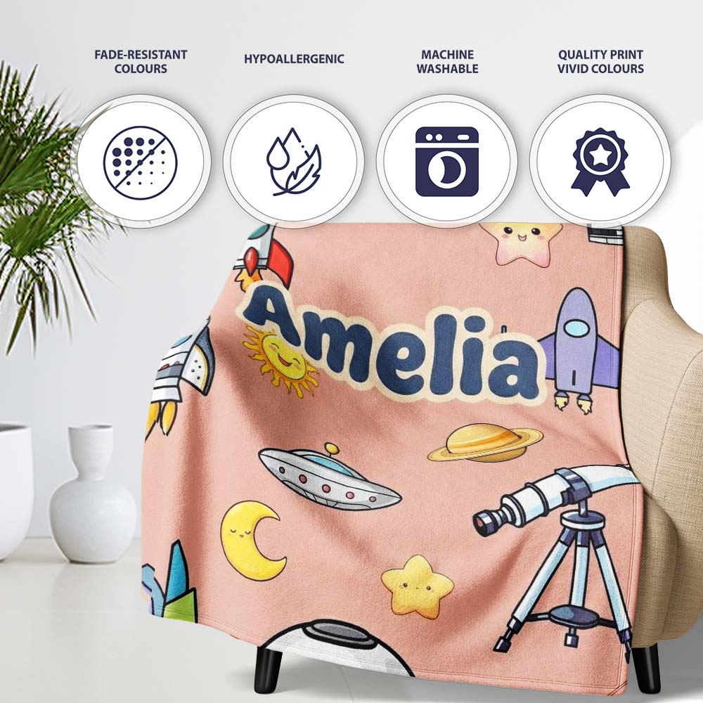 Space Astronaut Rockets UFO Telescope Seamless Peach Background  Personalised Custom Name Super Soft Fleece Blanket Bed Sofa Throw