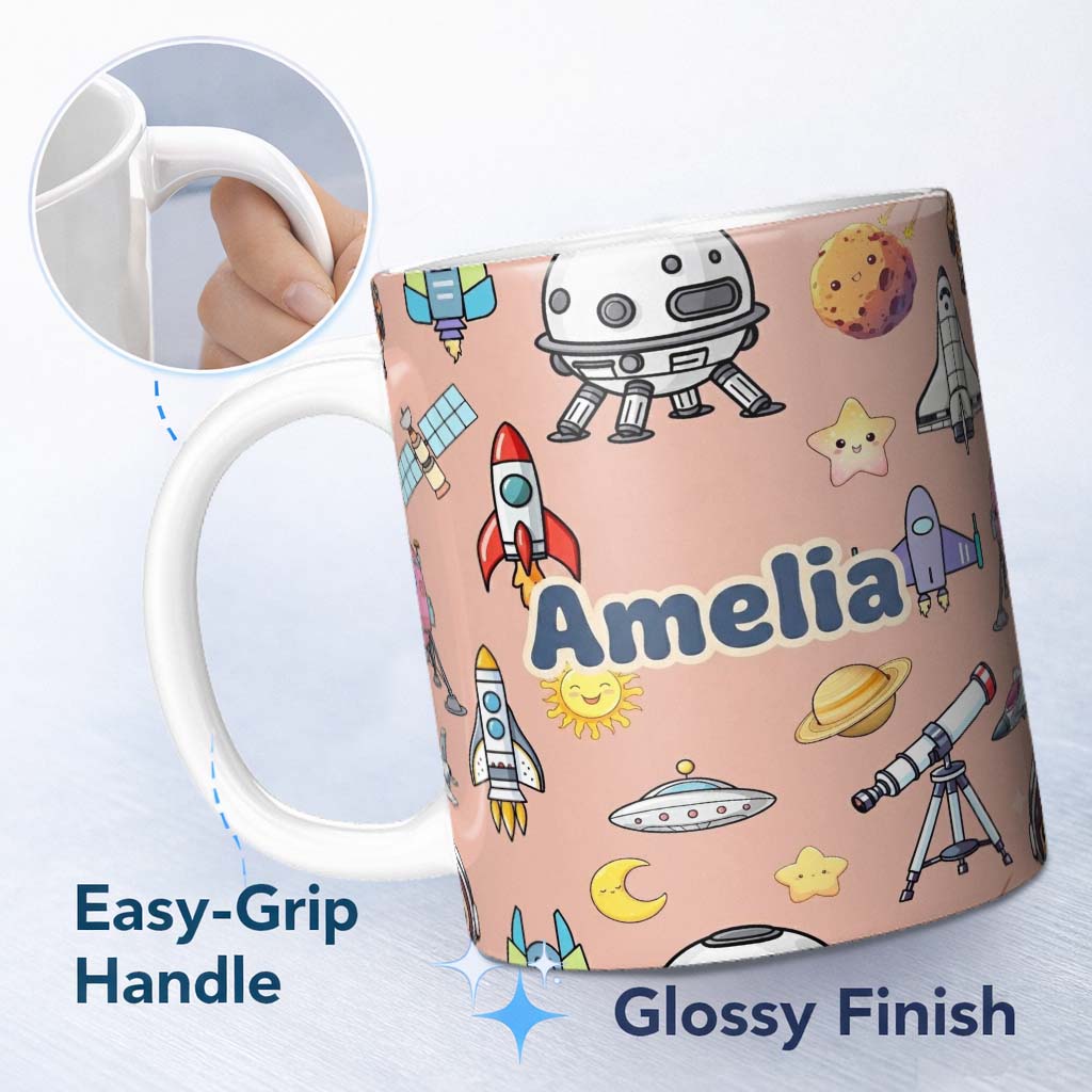 Personalized Custom Name Space Astronaut Rockets UFO Telescope Seamless Peach Background 11oz Ceramic Coffee Tea Mug White Large Handle
