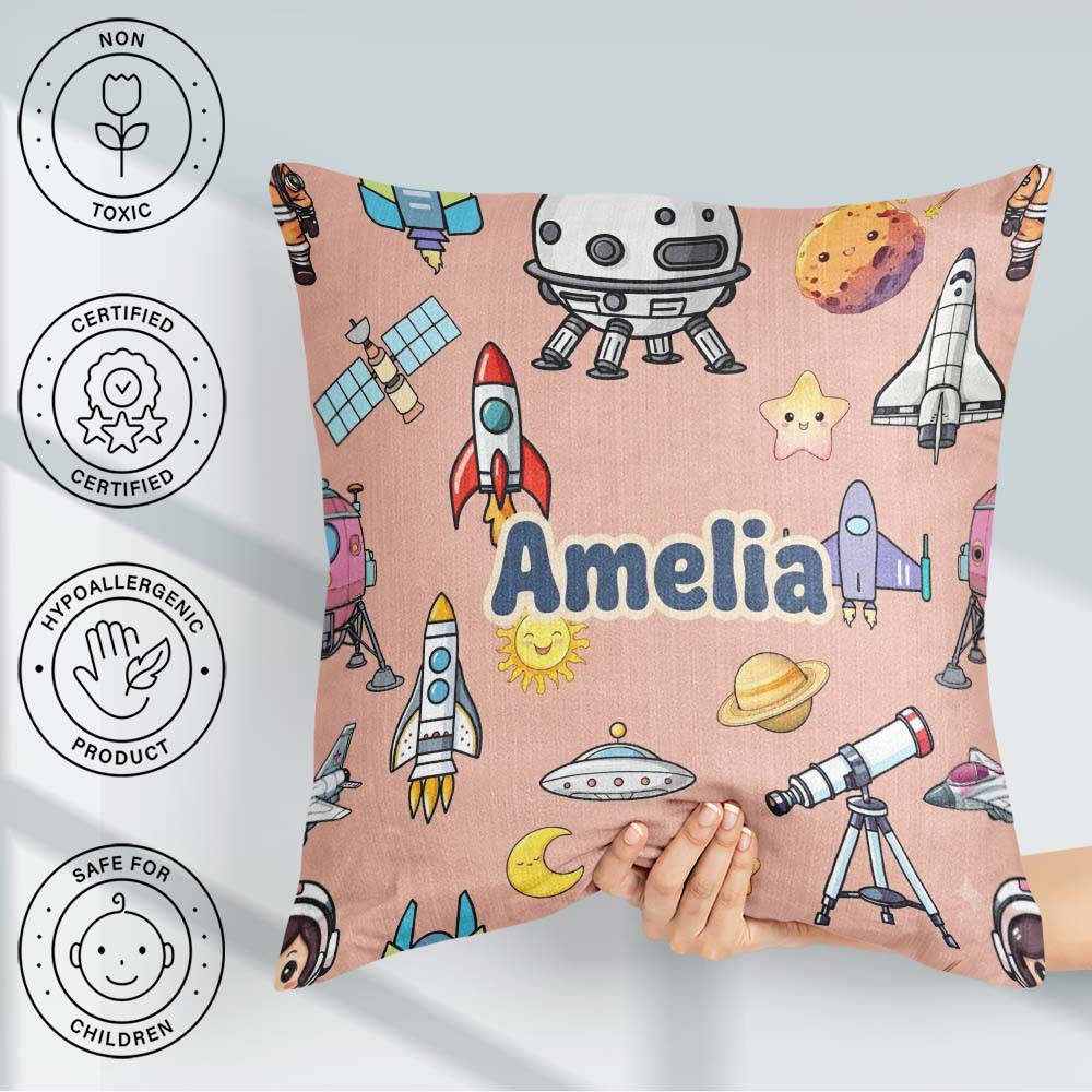 Custom Name Space Astronaut Rockets UFO Telescope Seamless Peach Square Filled Cushion Throw Pillow Sofa Bed Home Decor Zip Washable UK Made