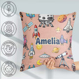 Custom Name Space Astronaut Rockets UFO Telescope Seamless Peach Square Filled Cushion Throw Pillow Sofa Bed Home Decor Zip Washable UK Made