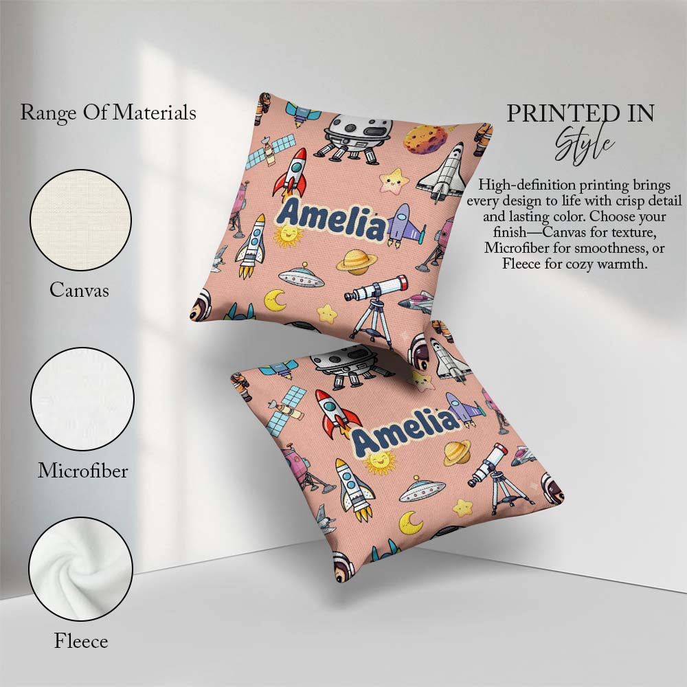 Custom Name Space Astronaut Rockets UFO Telescope Seamless Peach Square Filled Cushion Throw Pillow Sofa Bed Home Decor Zip Washable UK Made