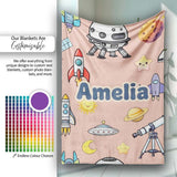Space Astronaut Rockets UFO Telescope Seamless Peach Background  Personalised Custom Name Super Soft Fleece Blanket Bed Sofa Throw