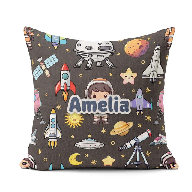 Custom Name Space Astronaut Rockets Telescope Seamless Dark Grey Square Filled Cushion Throw Pillow Sofa Bed Home Decor Zip Washable UK Made