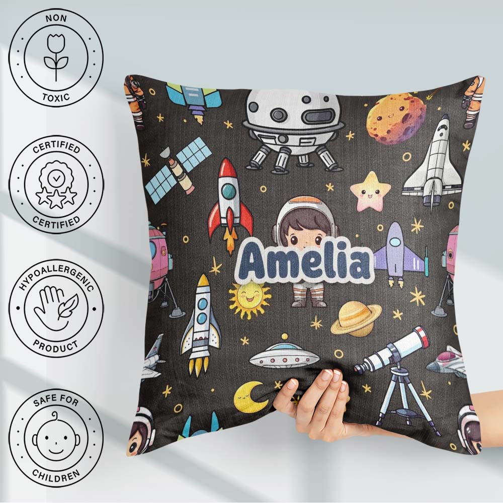 Custom Name Space Astronaut Rockets Telescope Seamless Dark Grey Square Filled Cushion Throw Pillow Sofa Bed Home Decor Zip Washable UK Made