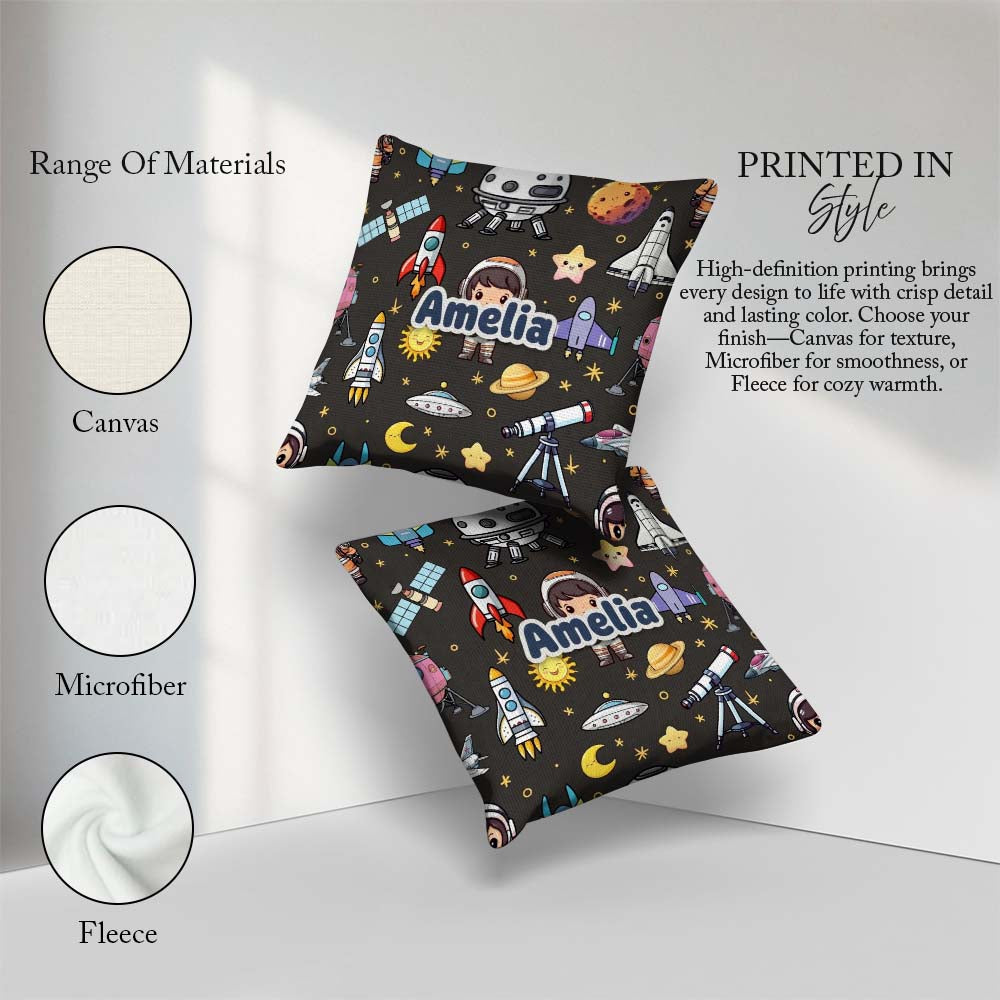 Custom Name Space Astronaut Rockets Telescope Seamless Dark Grey Square Filled Cushion Throw Pillow Sofa Bed Home Decor Zip Washable UK Made